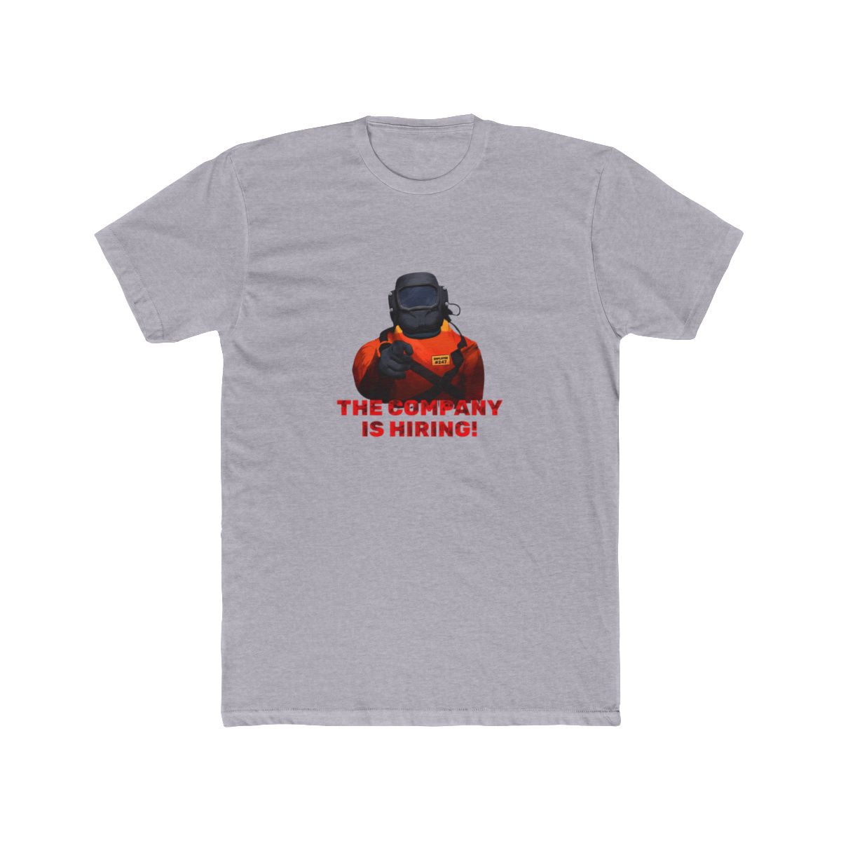 Black T Shirt with a cartoon welder illustration and the red text "THE COMPANY IS HIRING!". The background is a collage of Japanese-themed images - alternate angle 2, merchandise