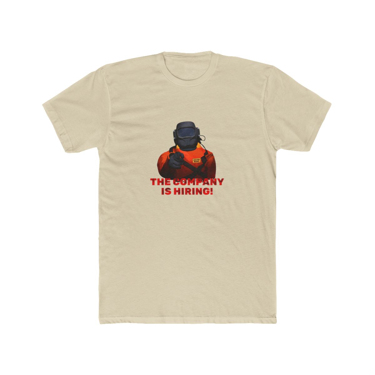 Black T Shirt with a cartoon welder illustration and the red text "THE COMPANY IS HIRING!". The background is a collage of Japanese-themed images - alternate angle 4, merchandise