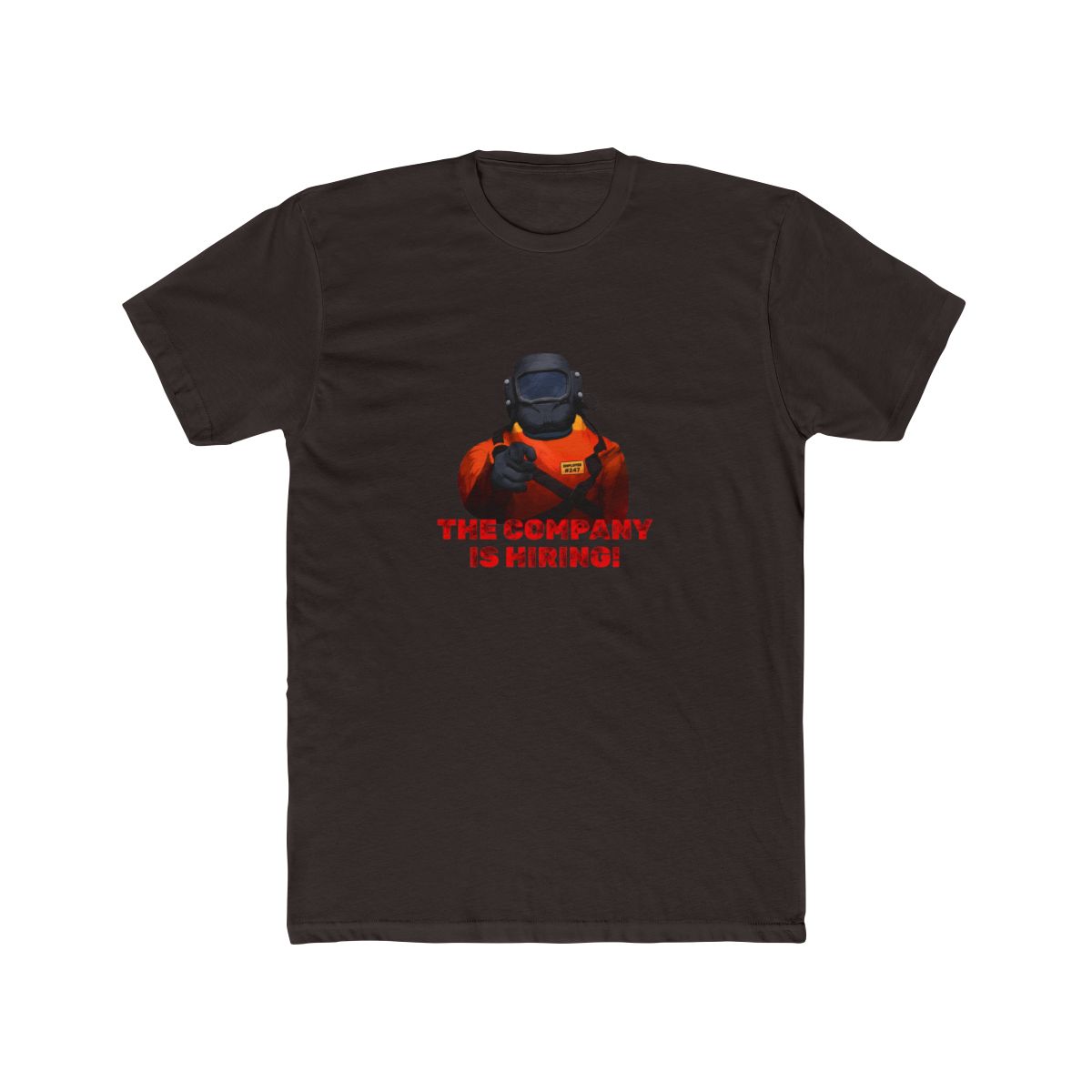 Black T Shirt with a cartoon welder illustration and the red text "THE COMPANY IS HIRING!". The background is a collage of Japanese-themed images - Official T-Shirts merchandise