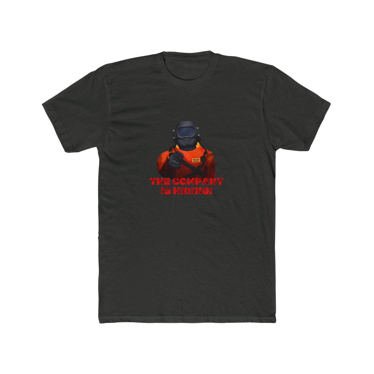 Black T Shirt with a cartoon welder illustration and the red text "THE COMPANY IS HIRING!". The background is a collage of Japanese-themed images - alternate angle 4, merchandise