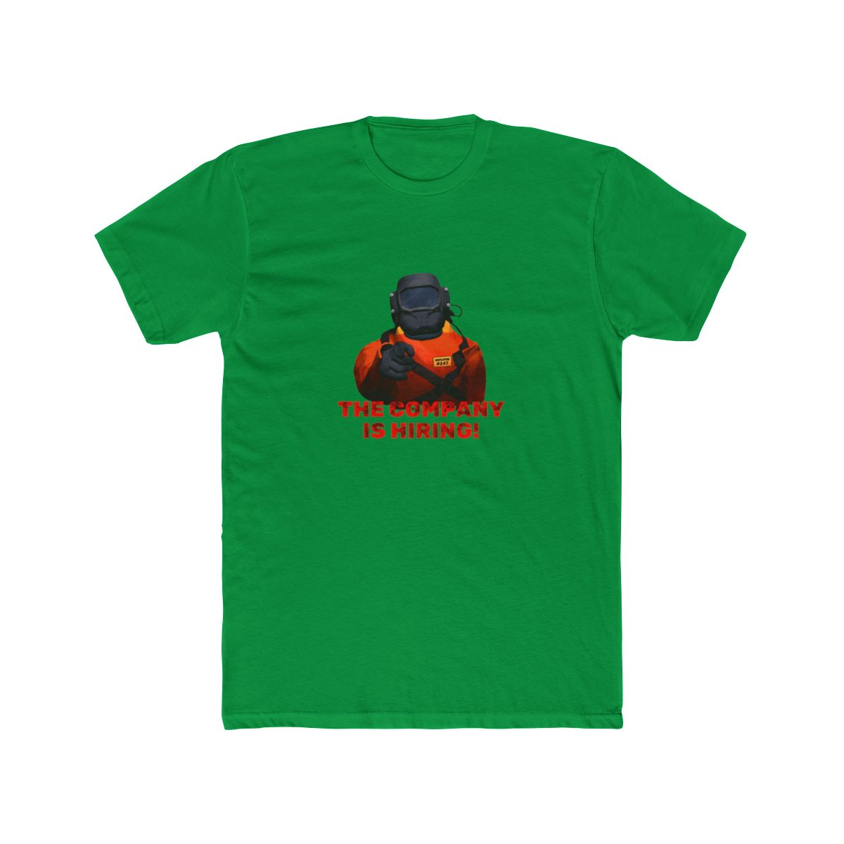 Black T Shirt with a cartoon welder illustration and the red text "THE COMPANY IS HIRING!". The background is a collage of Japanese-themed images - alternate angle 5, merchandise