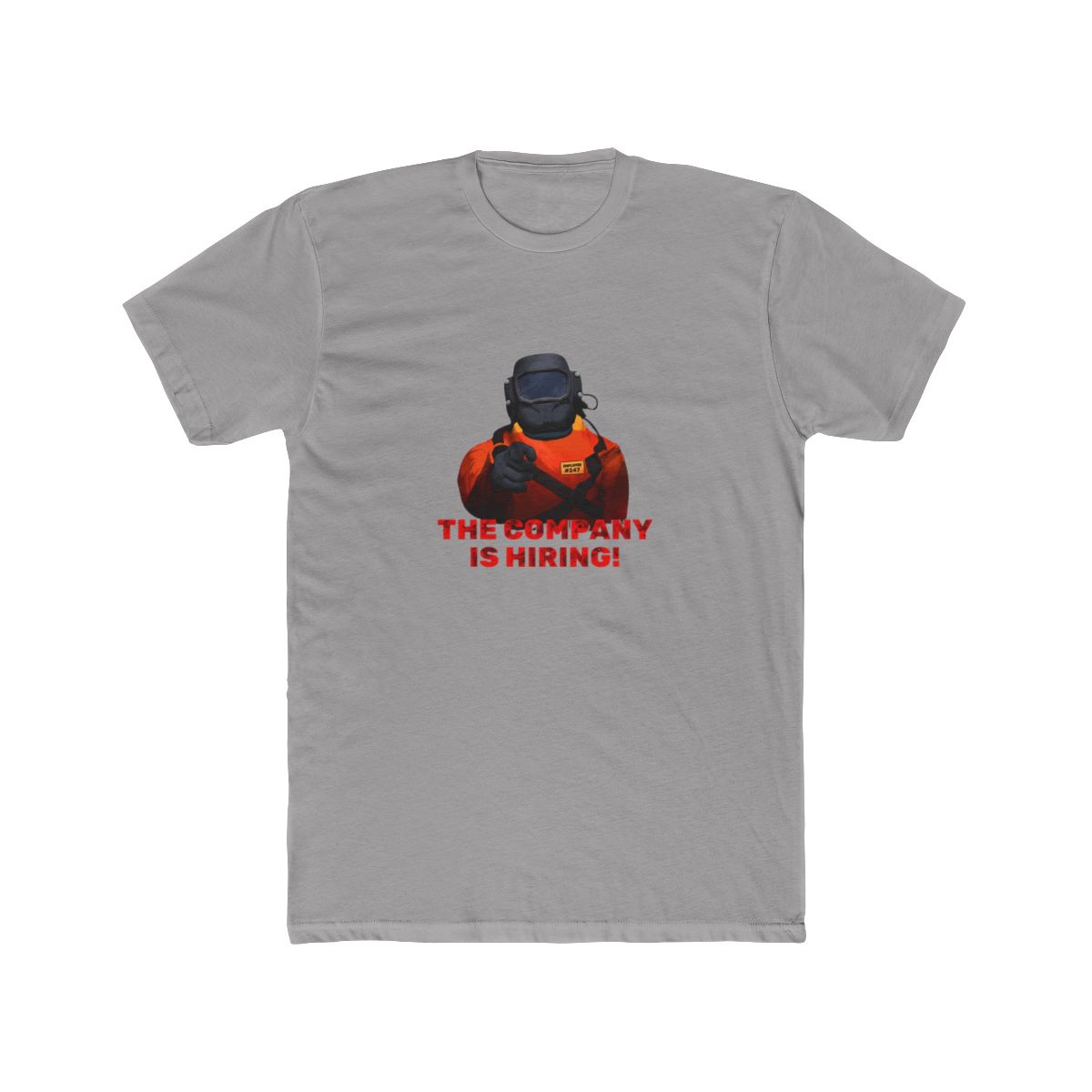 Black T Shirt with a cartoon welder illustration and the red text "THE COMPANY IS HIRING!". The background is a collage of Japanese-themed images - alternate angle 2, merchandise