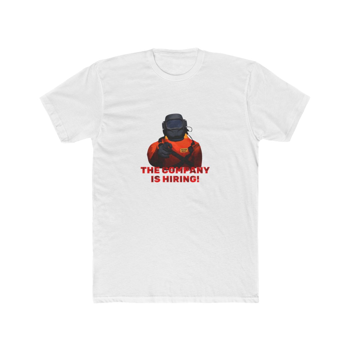Black T Shirt with a cartoon welder illustration and the red text "THE COMPANY IS HIRING!". The background is a collage of Japanese-themed images
